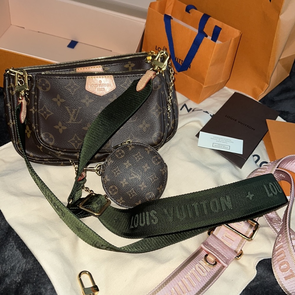 Louis Vuitton multi pochette crossbody bag w/ straps, Rose & green